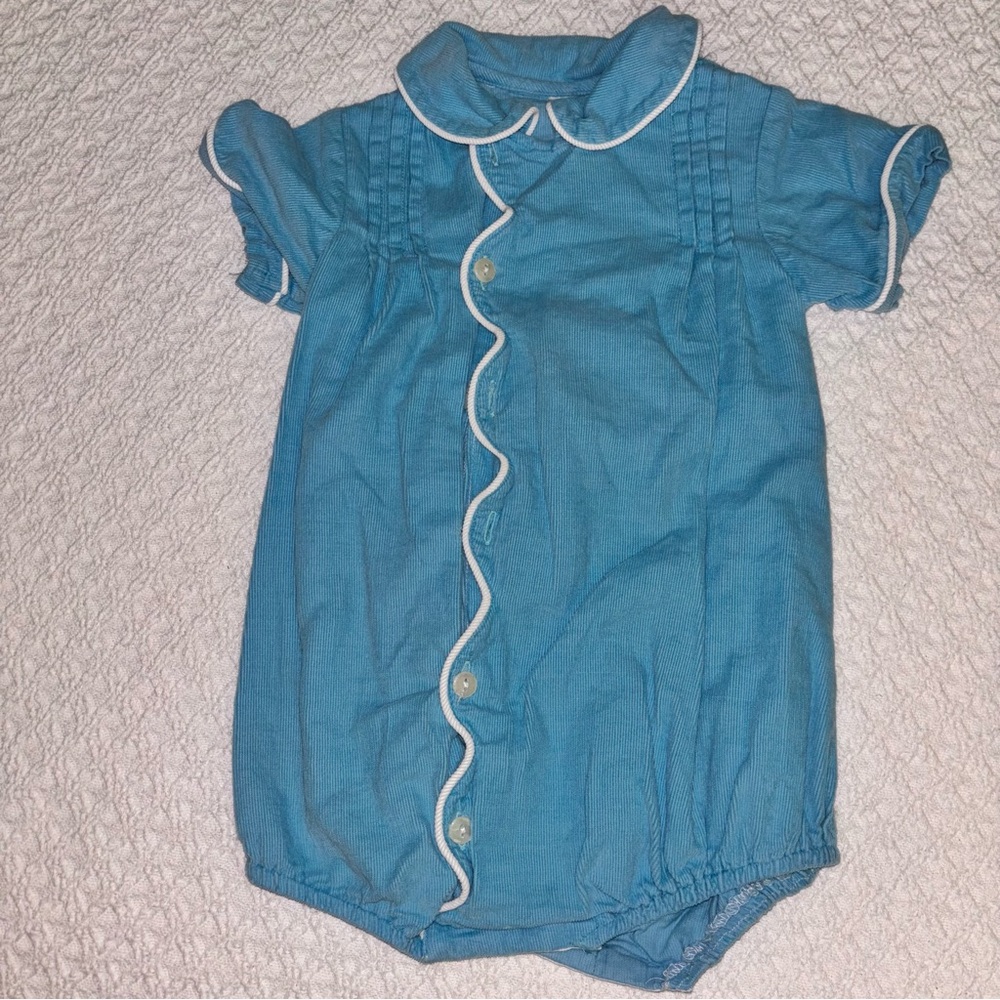 Blue corduroy scalloped placket bubble white piping 2t lime green custom